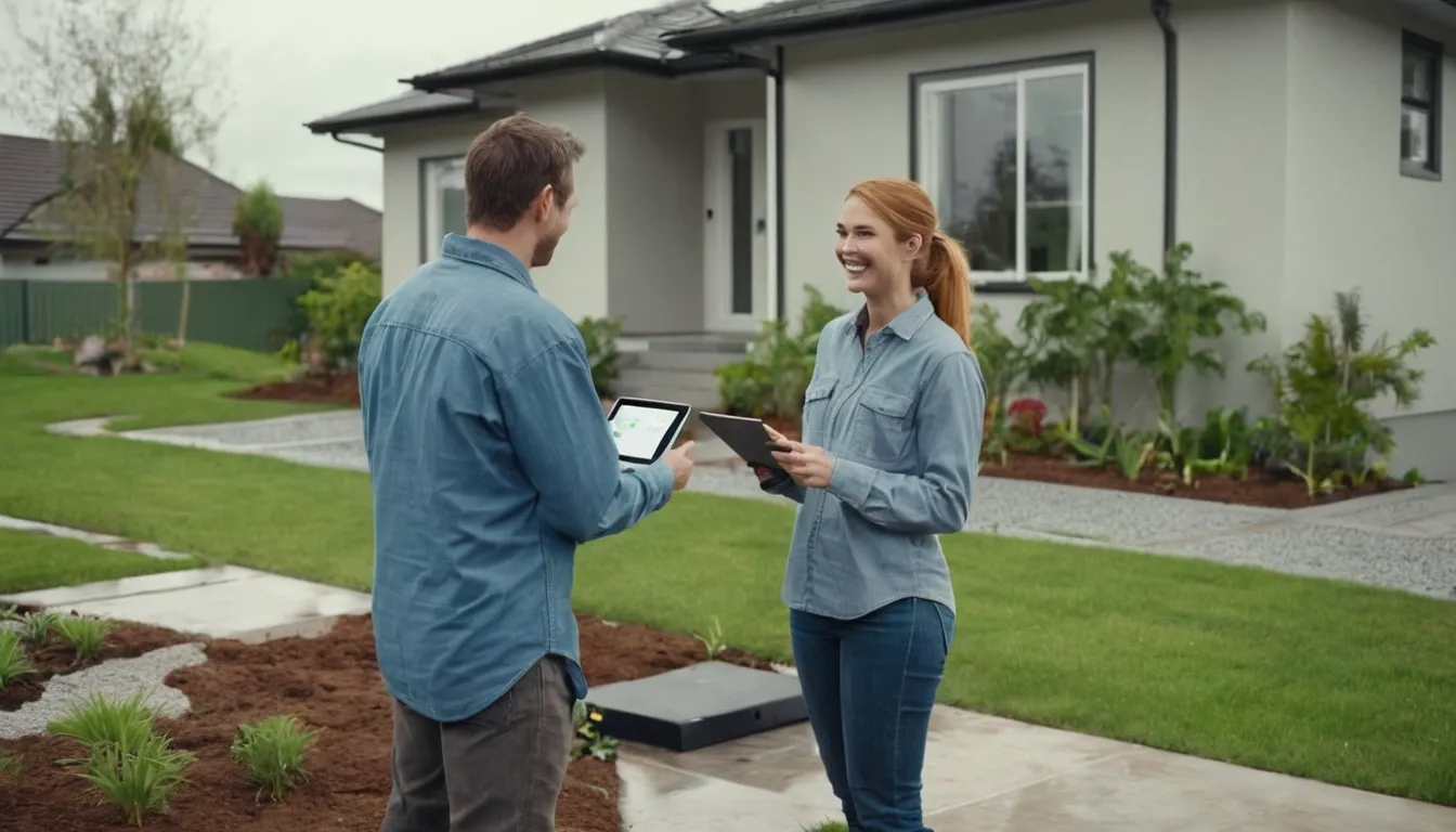 Friendly septic provider explaining a repair plan to a homeowner in a yard in Bloomfield